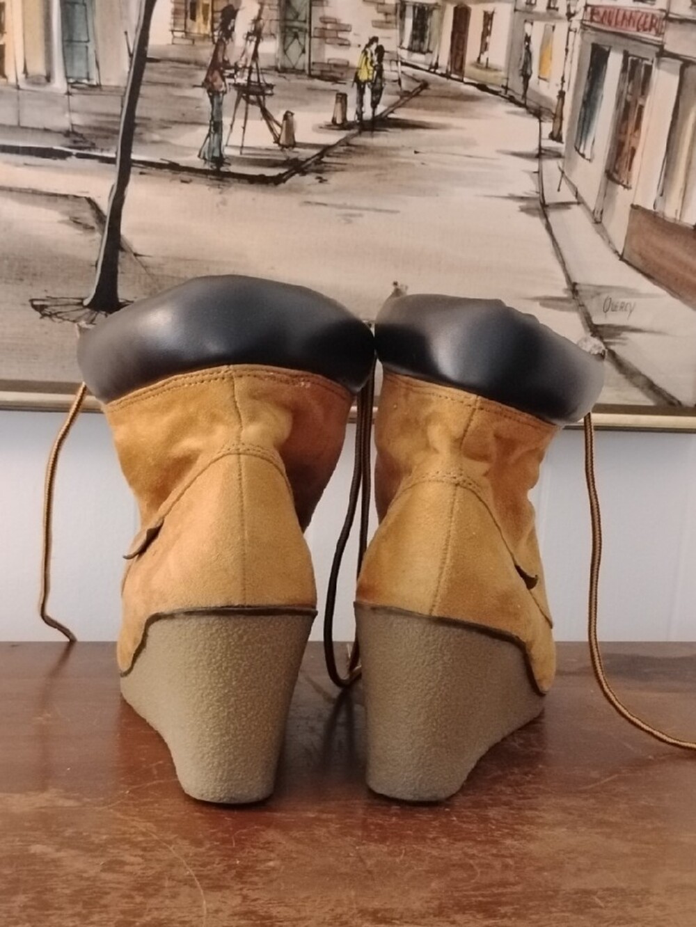 Rock & Candy Mustard Tan Suede Wedge Lace-Up Booties - Picture 4 of 5